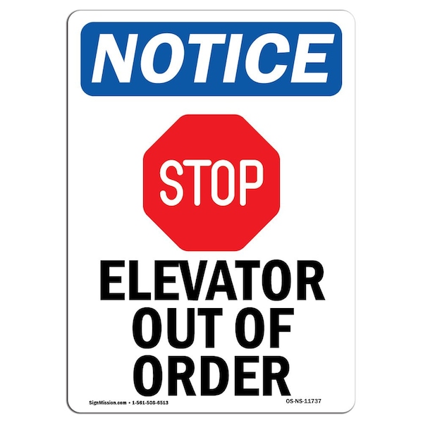 Safety Sign, OSHA Notice, 5" Height, Elevator Out Of Order Sign With Symbol, Portrait, 10PK
